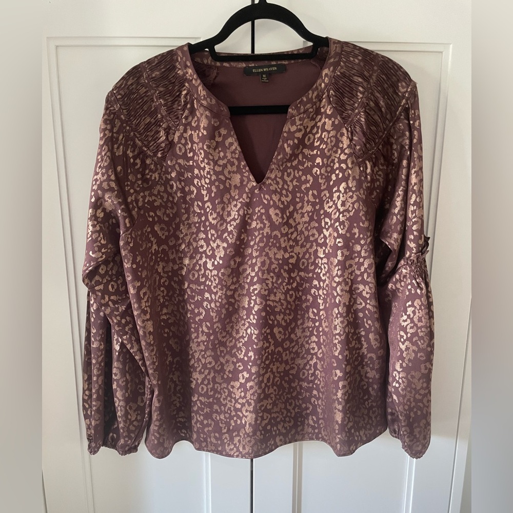 Ellen Weaver Brown Leopard Print V-Neck Blouse